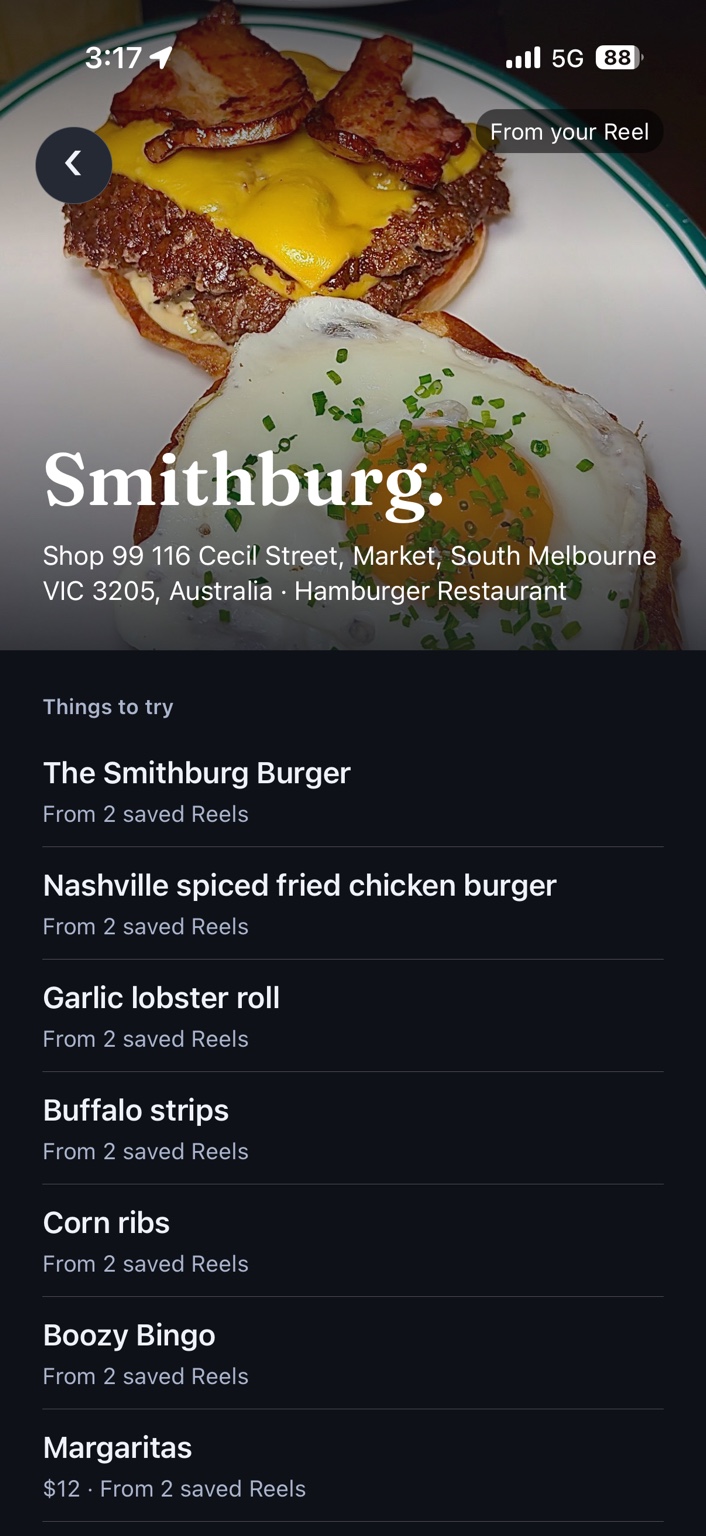 Wantt's Smithburg Place detail with photo, address and Things to try from saved Reels.