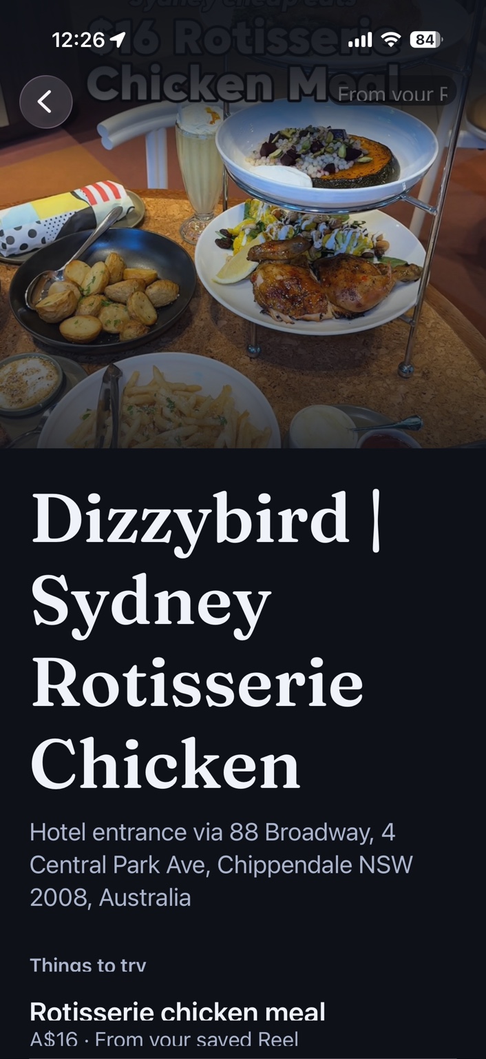 Wantt Place detail for Dizzybird Sydney Rotisserie Chicken, showing a photo, address and a thing to try.