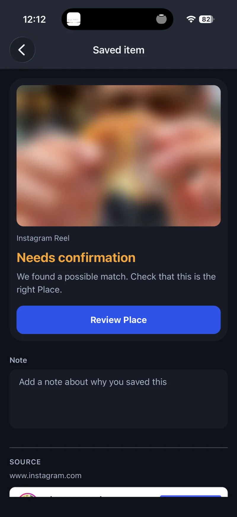 Wantt saved item with a blurred source image, Needs confirmation status and Review Place button