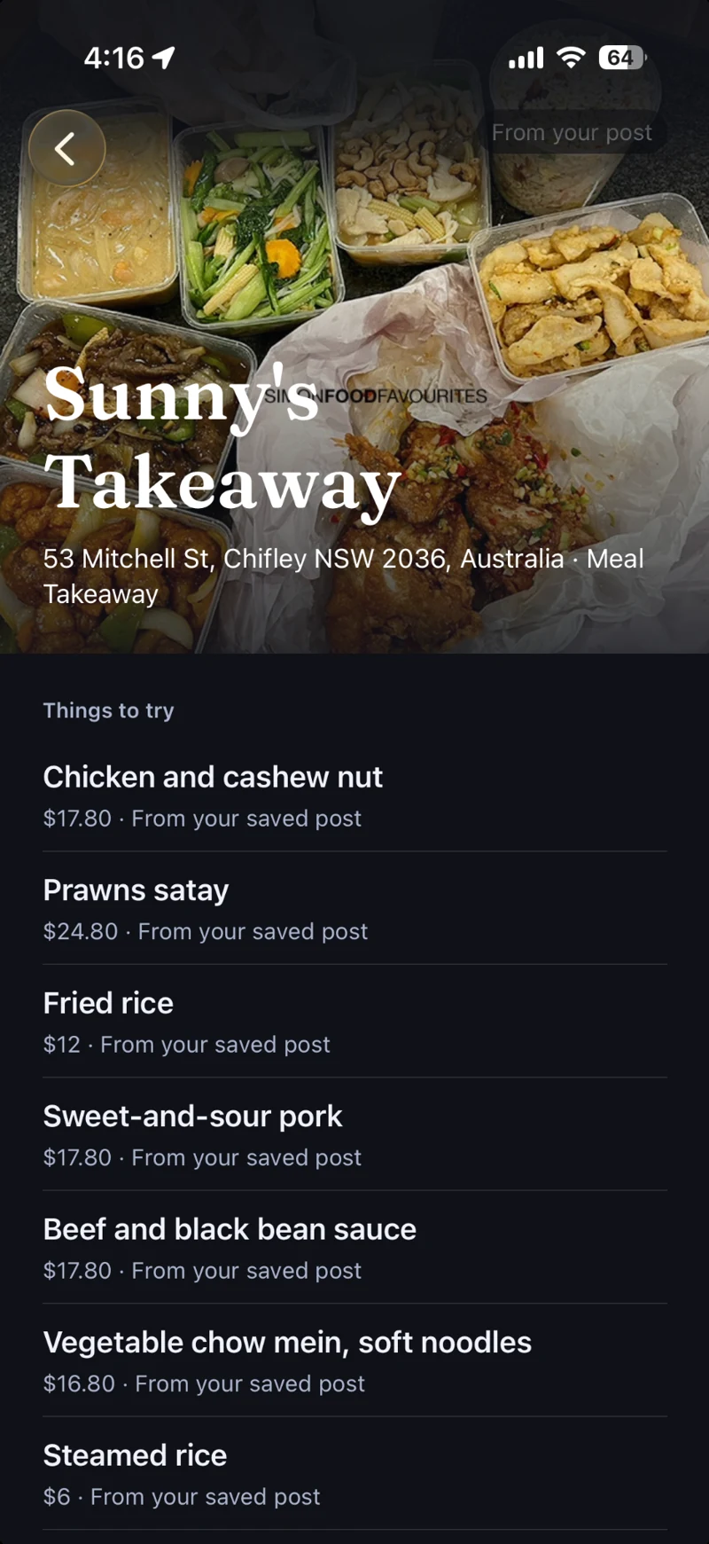 Wantt Place detail for Sunny's Takeaway showing Things to try with individual prices from the saved post