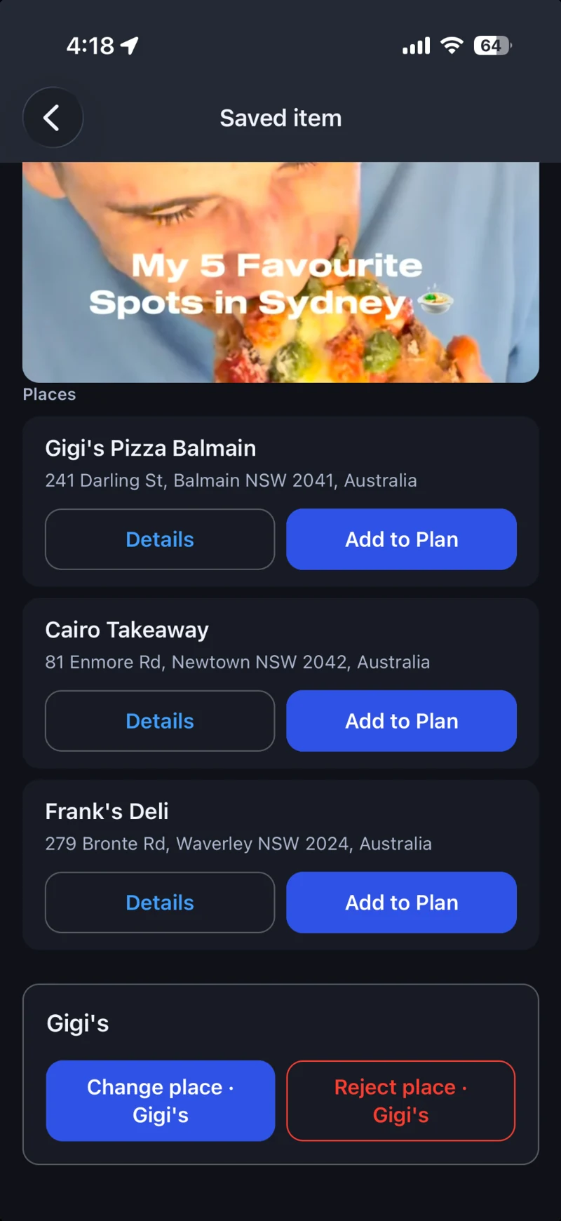 Wantt saved item showing Gigi's Pizza Balmain, Cairo Takeaway and Frank's Deli with separate Details and Add to Plan controls