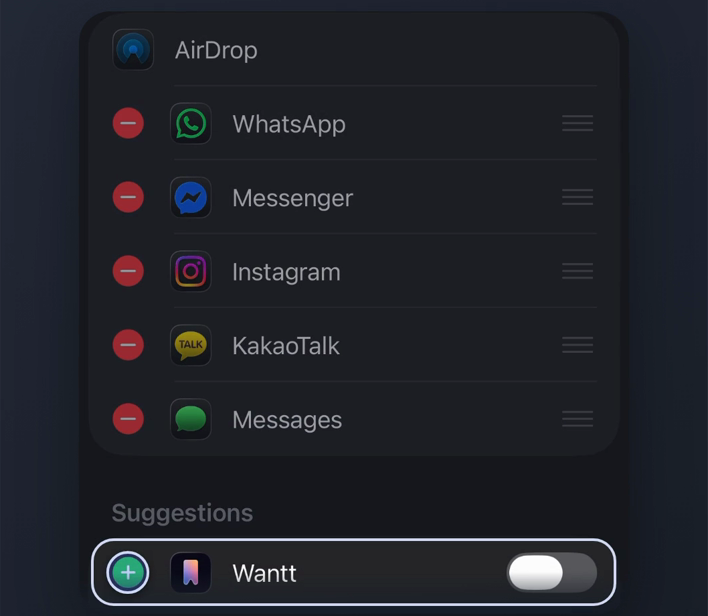 Share Sheet app row and More/Edit.